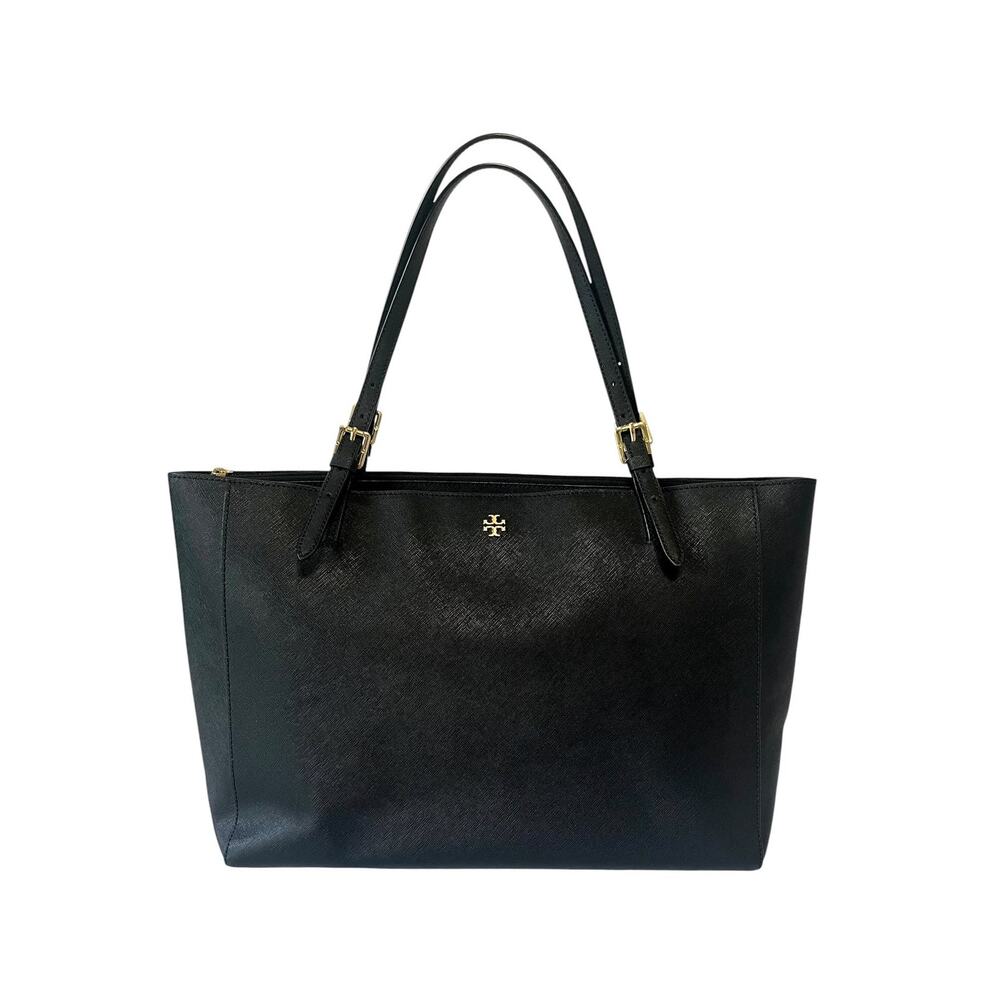 Tory Burch York Saffiano Leather Buckle Tote Black Gold Hardware 15" Laptop
